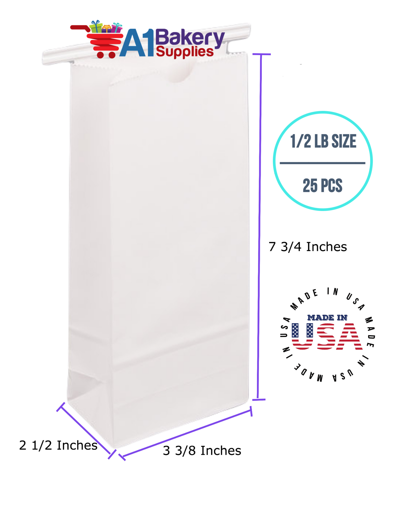 1/2 LB Size White No Window Tin Tie Bags 25 PCS  White  Bakery Bags with No Window Resealable Tin Tie Tab Lock Poly-Lined Bags White Paper Bags for Cookies, Coffee