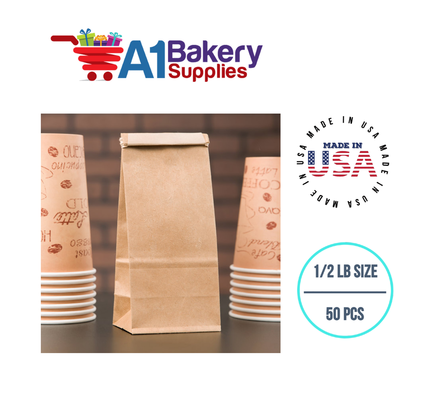 1/2 LB Size Brown No Window Tin Tie Bags 50 PCS  Kraft  Bakery Bags with No Window Resealable Tin Tie Tab Lock Poly-Lined Bags Kraft Paper Bags for Cookies, Coffee