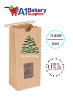 1/2 LB Size Brown Square Window Tin Tie Bags 50 PCS  Kraft  Bakery Bags with Square Window Resealable Tin Tie Tab Lock Poly-Lined Bags Kraft Paper Bags for Cookies, Coffee