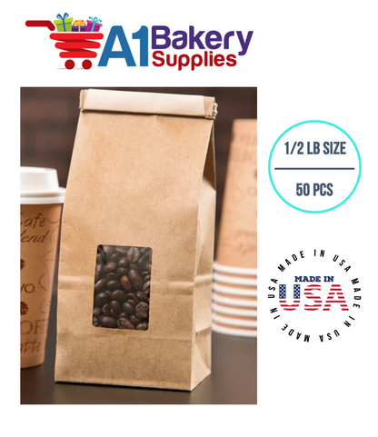 1/2 LB Size Brown Square Window Tin Tie Bags 50 PCS  Kraft  Bakery Bags with Square Window Resealable Tin Tie Tab Lock Poly-Lined Bags Kraft Paper Bags for Cookies, Coffee