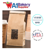 1/2 LB Size Brown Square Window Tin Tie Bags 50 PCS  Kraft  Bakery Bags with Square Window Resealable Tin Tie Tab Lock Poly-Lined Bags Kraft Paper Bags for Cookies, Coffee