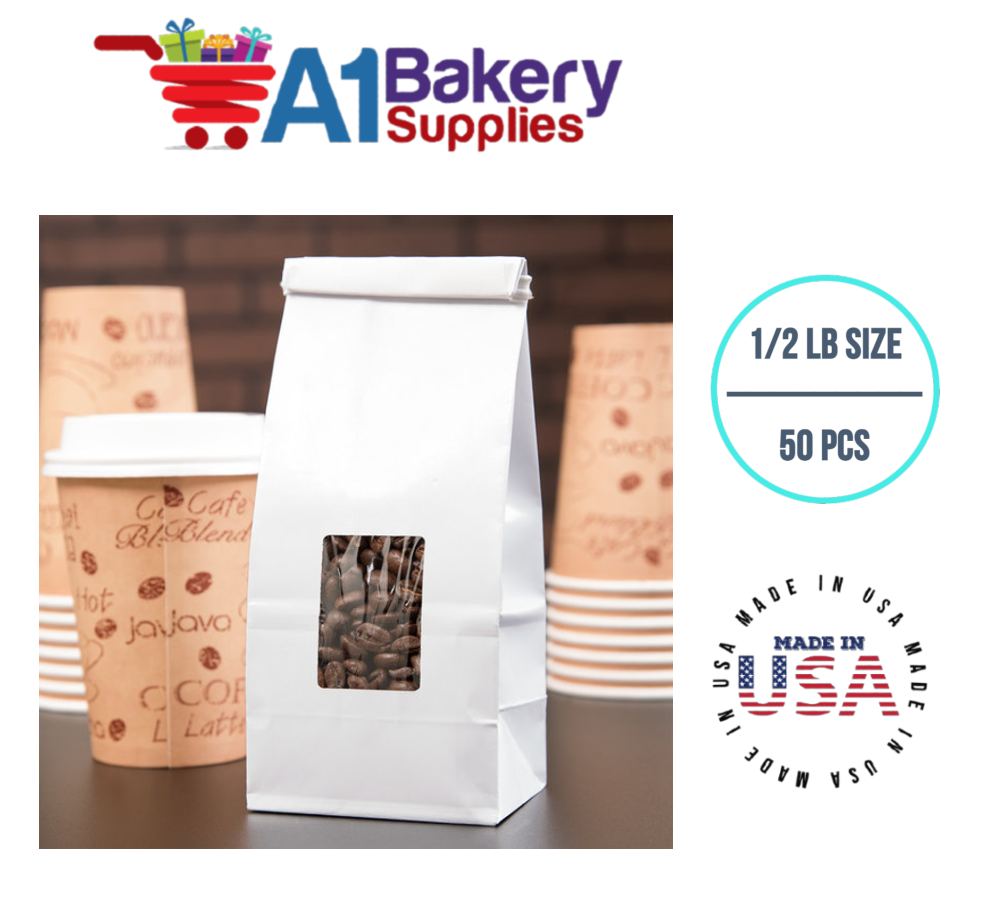 1/2 LB Size White Square Window Tin Tie Bags 50 PCS  White  Bakery Bags with Square Window Resealable Tin Tie Tab Lock Poly-Lined Bags White Paper Bags for Cookies, Coffee