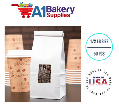 1/2 LB Size White Square Window Tin Tie Bags 50 PCS  White  Bakery Bags with Square Window Resealable Tin Tie Tab Lock Poly-Lined Bags White Paper Bags for Cookies, Coffee