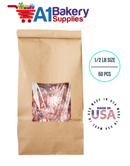 1/2 LB Size Brown Square Window Tin Tie Bags 50 PCS  Kraft  Bakery Bags with Square Window Resealable Tin Tie Tab Lock Poly-Lined Bags Kraft Paper Bags for Cookies, Coffee