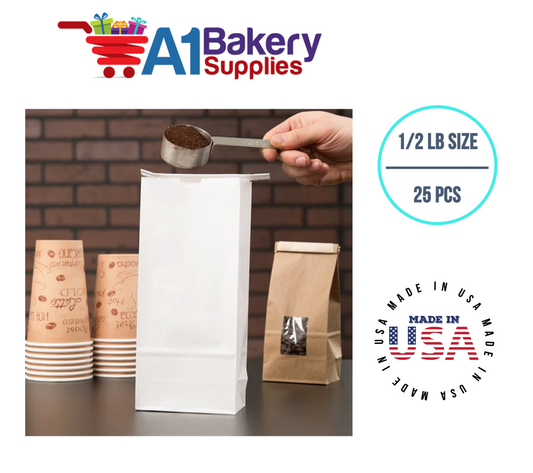 1/2 LB Size White No Window Tin Tie Bags 25 PCS  White  Bakery Bags with No Window Resealable Tin Tie Tab Lock Poly-Lined Bags White Paper Bags for Cookies, Coffee