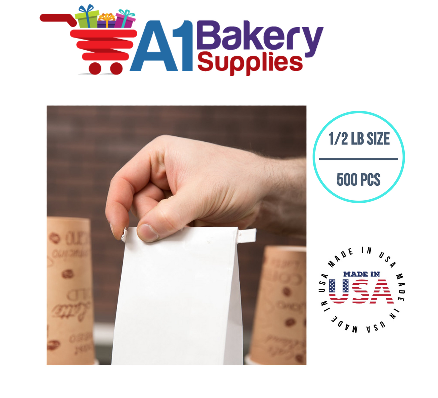 1/2 LB Size White No Window Tin Tie Bags 500 PCS  White  Bakery Bags with No Window Resealable Tin Tie Tab Lock Poly-Lined Bags White Paper Bags for Cookies, Coffee