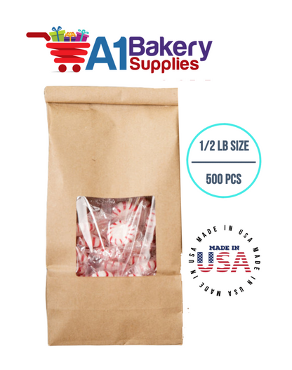 1/2 LB Size Brown Square Window Tin Tie Bags 500 PCS  Kraft  Bakery Bags with Square Window Resealable Tin Tie Tab Lock Poly-Lined Bags Brown Paper Bags for Cookies, Coffee
