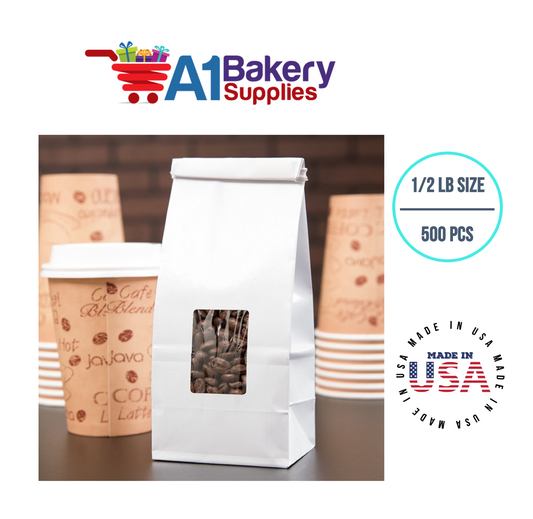 1/2 LB Size White Square Window Tin Tie Bags 500 PCS White  Bakery Bags with Square Window Resealable Tin Tie Tab Lock Poly-Lined Bags White Paper Bags for Cookies, Coffee