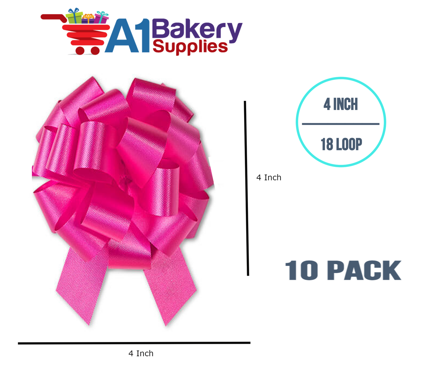 A1BakerySupplies 10 Pieces Pull Bow for Gift Wrapping Gift Bows Pull Bow With Ribbon for Wedding Gift Baskets, 4 Inch 18 Loop in Pink Beauty Flora Satin Color