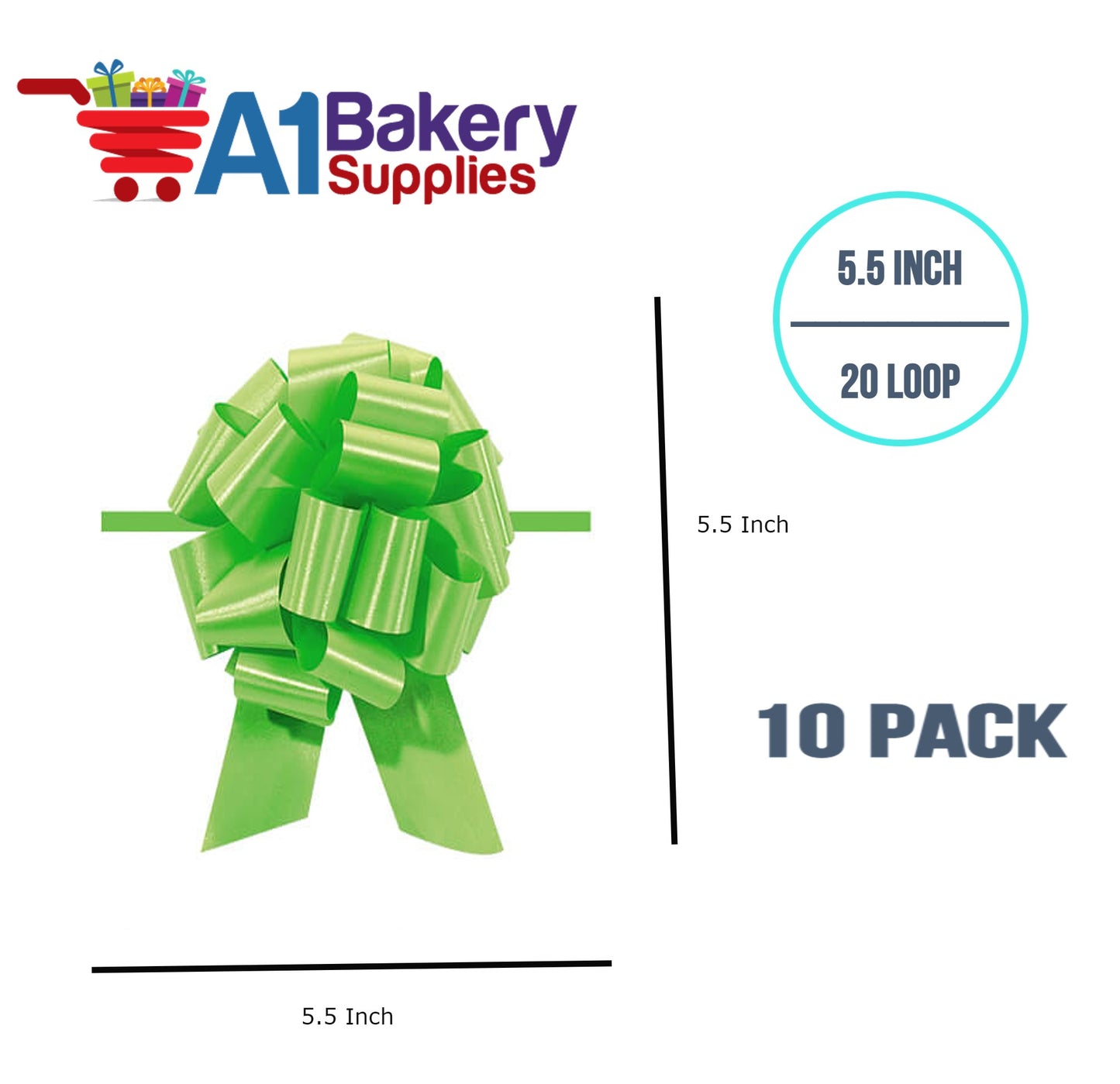 A1BakerySupplies 10 Pieces Pull Bow for Gift Wrapping Gift Bows Pull Bow With Ribbon for Wedding Gift Baskets, 5.5 Inch 20 Loop in Citrus Green Color