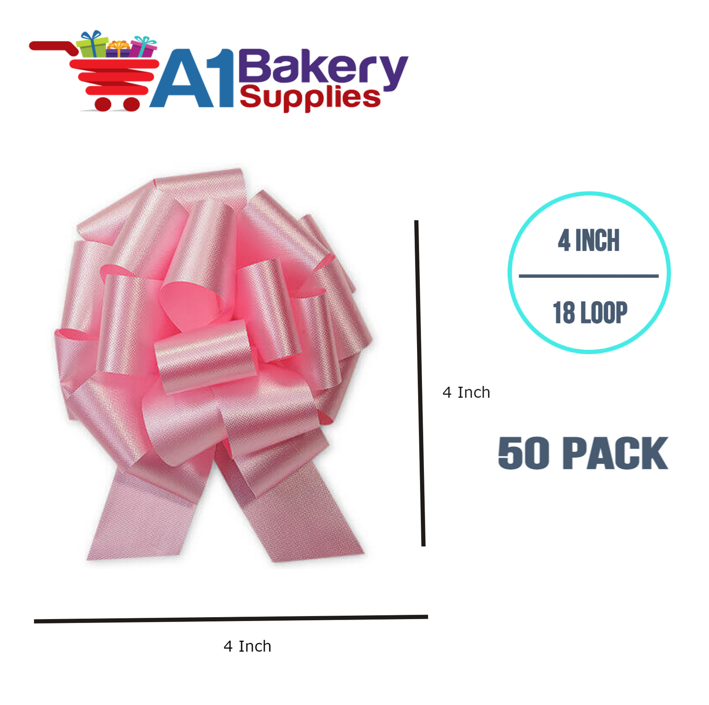 A1BakerySupplies 50 Pieces Pull Bow for Gift Wrapping Gift Bows Pull Bow With Ribbon for Wedding Gift Baskets, 4 Inch 18 Loop in Baby Pink Flora Satin Color