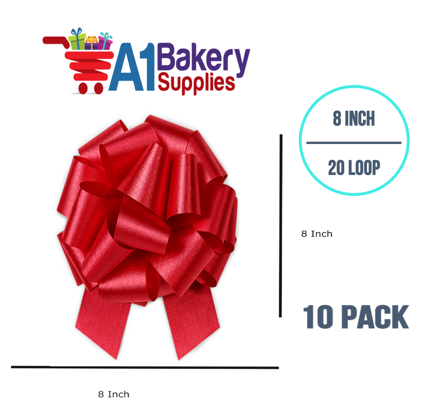 A1BakerySupplies 10 Pieces Pull Bow for Gift Wrapping Gift Bows Pull Bow With Ribbon for Wedding Gift Baskets, 8 Inch 20 Loop in Hot Red Flora Satin Color