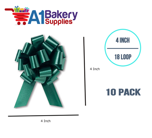 A1BakerySupplies 10 Pieces Pull Bow for Gift Wrapping Gift Bows Pull Bow With Ribbon for Wedding Gift Baskets, 4 Inch 18 Loop Hunter Green Flora Satin Color