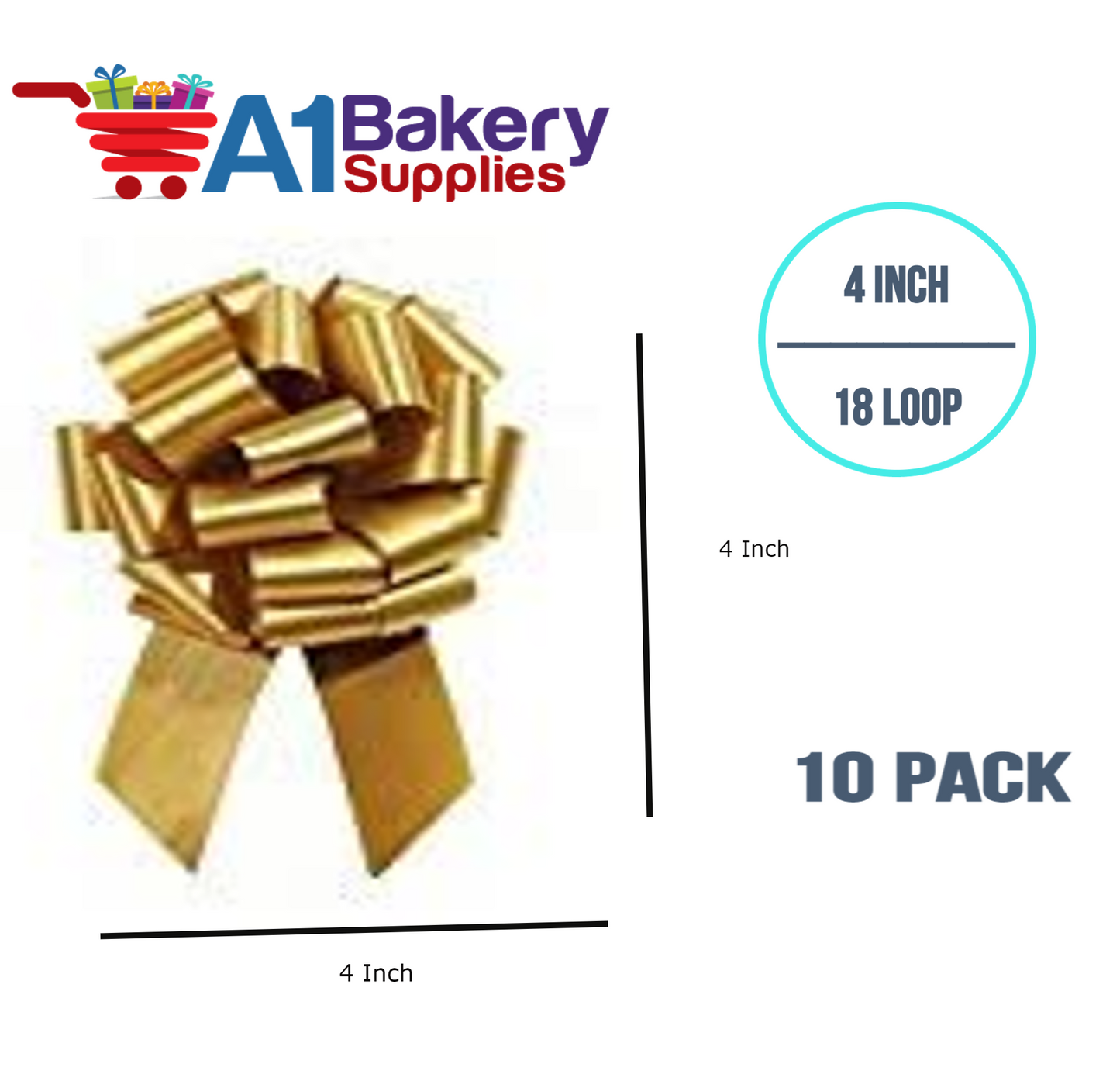 A1BakerySupplies 10 Pieces Pull Bow for Gift Wrapping Gift Bows Pull Bow With Ribbon for Wedding Gift Baskets, 4 Inch 18 Loop in Antique Gold Flora Satin Color