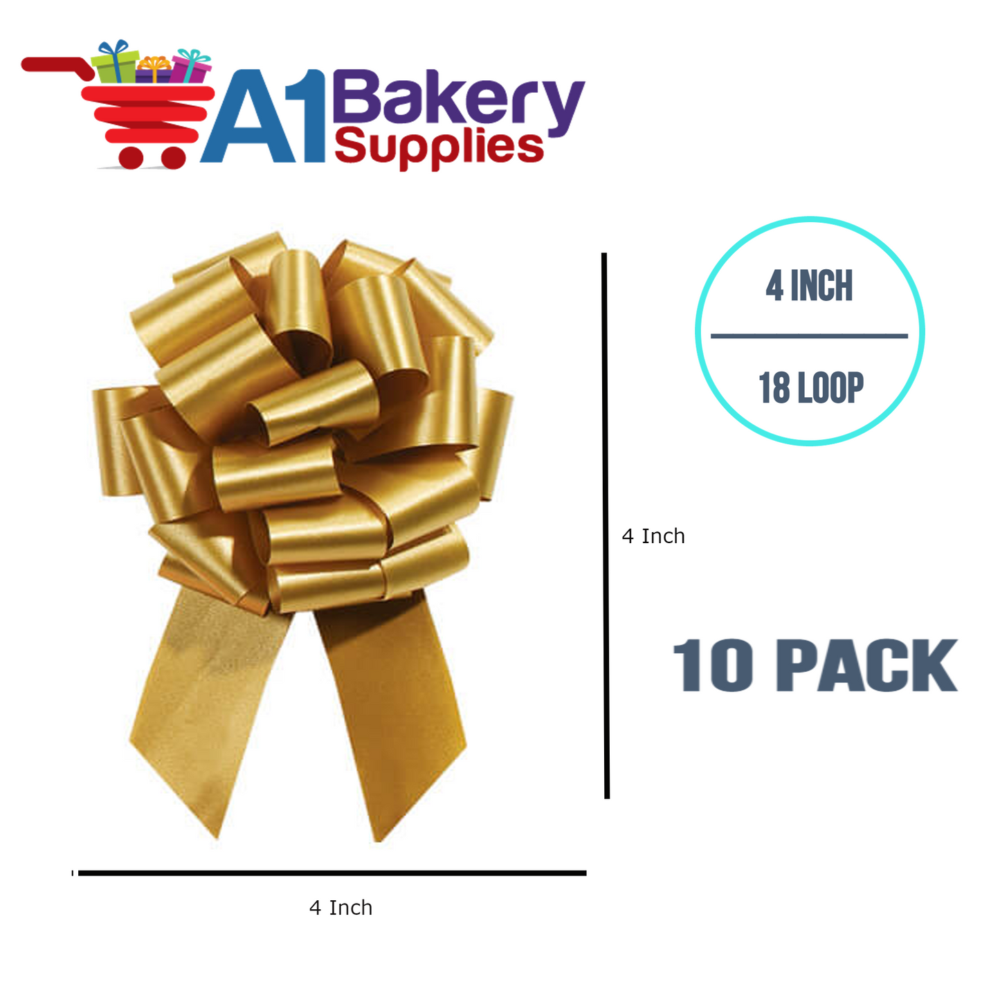 A1BakerySupplies 10 Pieces Pull Bow for Gift Wrapping Gift Bows Pull Bow With Ribbon for Wedding Gift Baskets, 4 Inch 18 Loop Holiday Gold Flora Satin Color