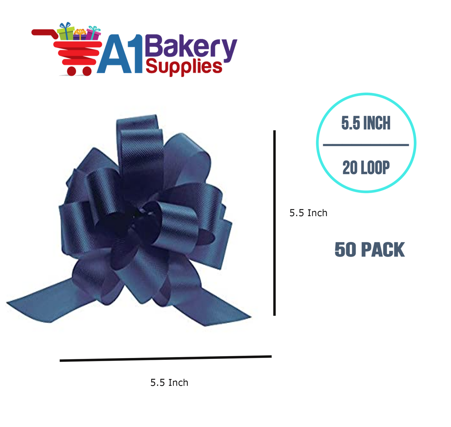 A1BakerySupplies 50 Pieces Pull Bow for Gift Wrapping Gift Bows Pull Bow With Ribbon for Wedding Gift Baskets, 5.5 Inch 20 Loop in Navy Blue Color