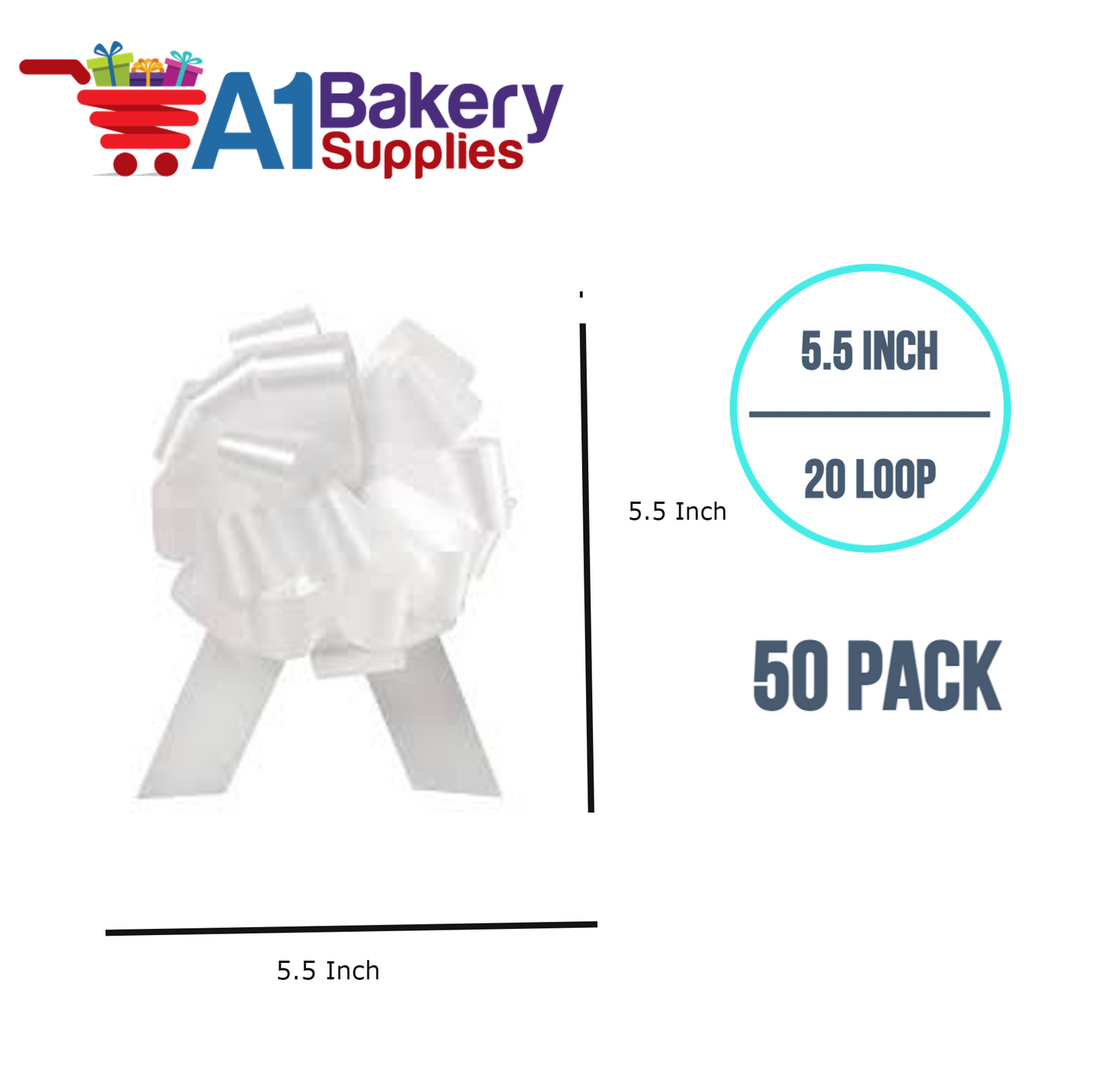 A1BakerySupplies 50 Pieces Pull Bow for Gift Wrapping Gift Bows Pull Bow With Ribbon for Wedding Gift Baskets, 5.5 Inch 20 Loop in White Color