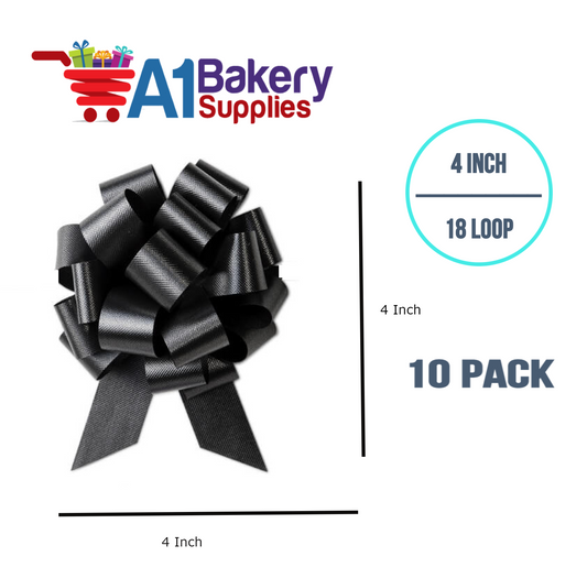 A1BakerySupplies 10 Pieces Pull Bow for Gift Wrapping Gift Bows Pull Bow With Ribbon for Wedding Gift Baskets, 4 Inch 18 Loop Black Flora Satin Color