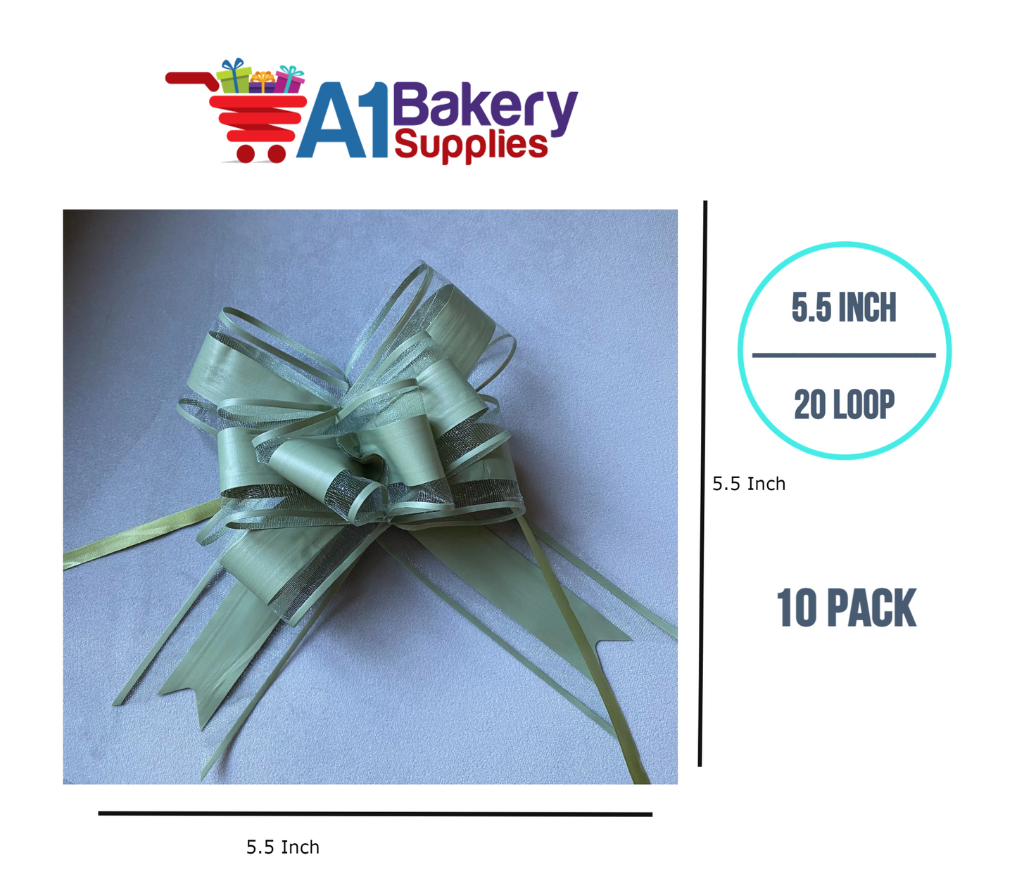 A1BakerySupplies 10 Pieces Pull Bow for Gift Wrapping Gift Bows Pull Bow With Ribbon for Wedding Gift Baskets, 5.5 Inch 20 Loop in Sage Color