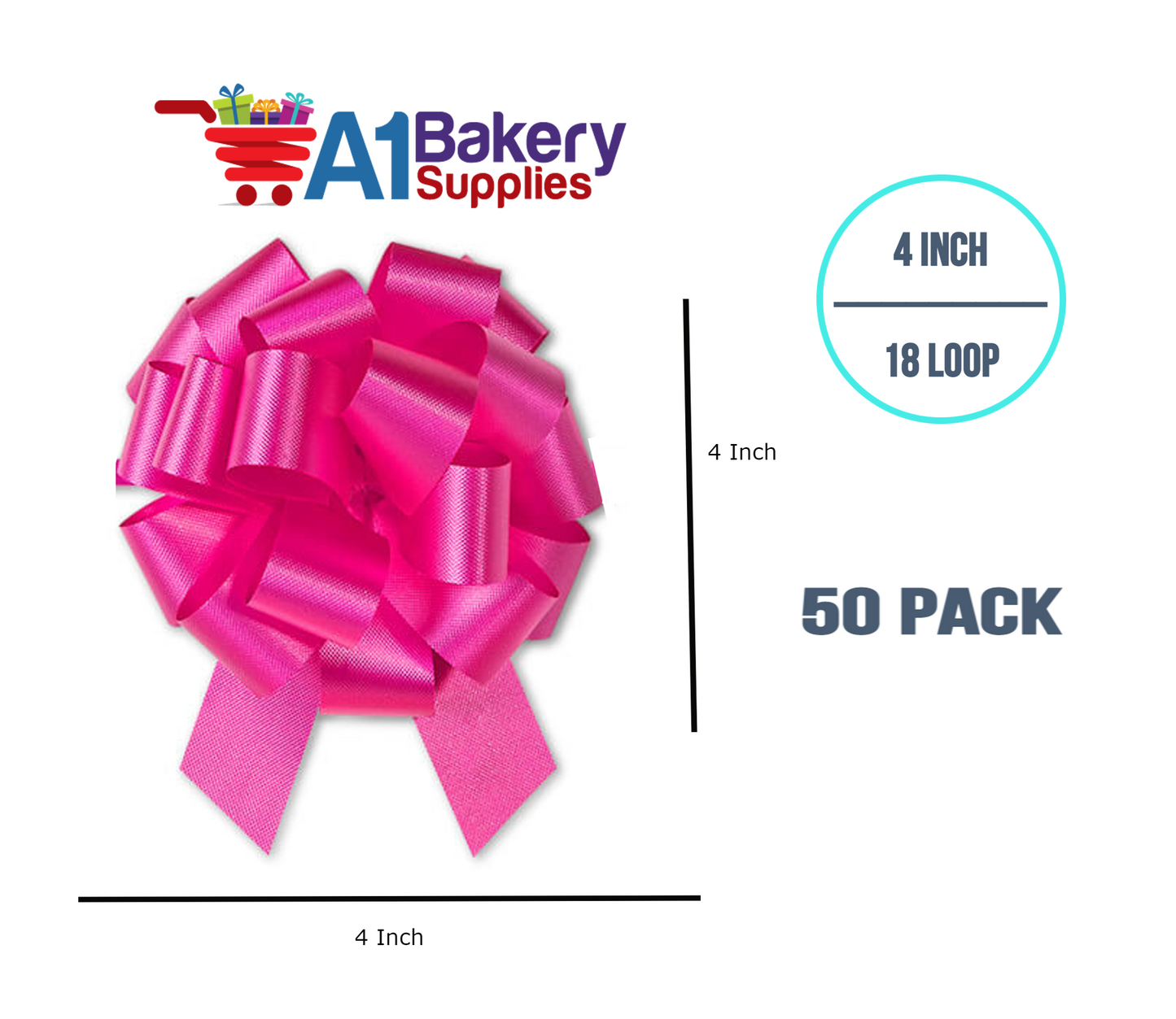 A1BakerySupplies 50 Pieces Pull Bow for Gift Wrapping Gift Bows Pull Bow With Ribbon for Wedding Gift Baskets, 4 Inch 18 Loop Pink Beauty Flora Satin Color