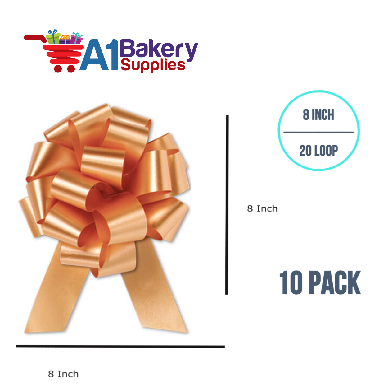 A1BakerySupplies 10 Pieces Pull Bow for Gift Wrapping Gift Bows Pull Bow With Ribbon for Wedding Gift Baskets, 8 Inch 20 Loop Gold Flora Satin Color