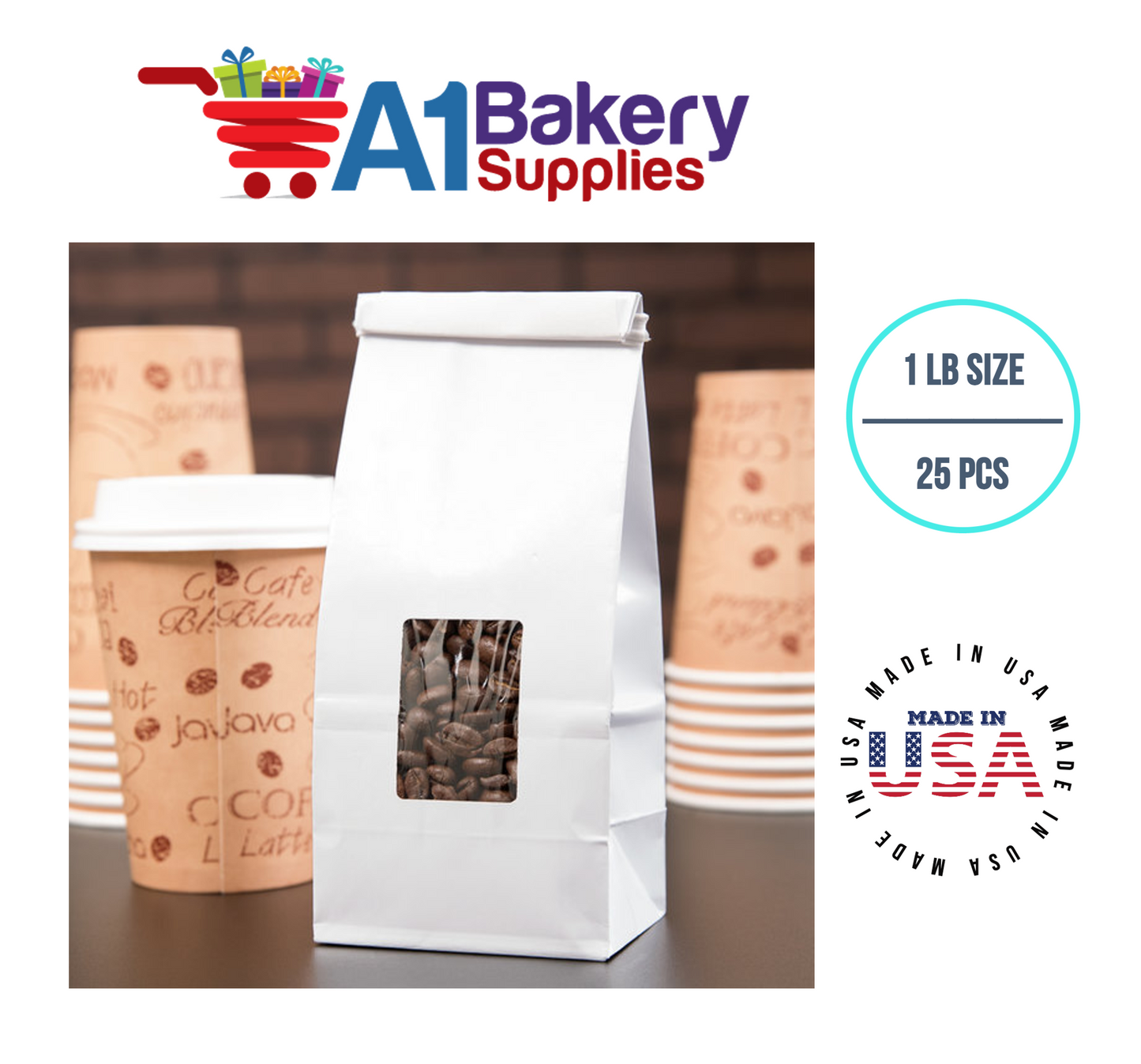 1 LB Size White Square Window Tin Tie Bags 25 PCS White  Bakery Bags with Square Window Resealable Tin Tie Tab Lock Poly-Lined Bags White Paper Bags for Cookies, Coffee