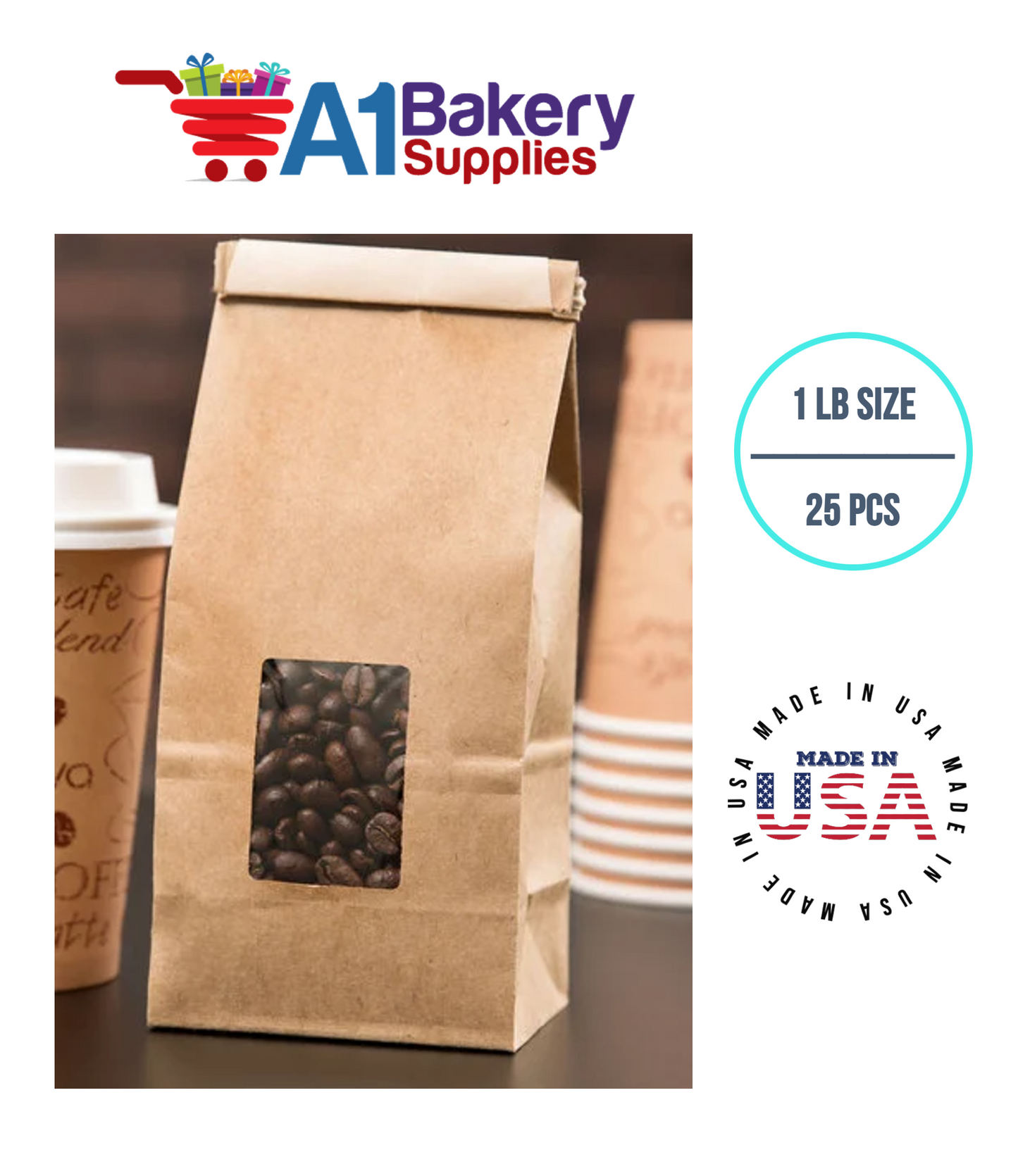 1 LB Size Brown Square Window Tin Tie Bags 25 PCS Kraft  Bakery Bags with Square Window Resealable Tin Tie Tab Lock Poly-Lined Bags Kraft Paper Bags for Cookies, Coffee