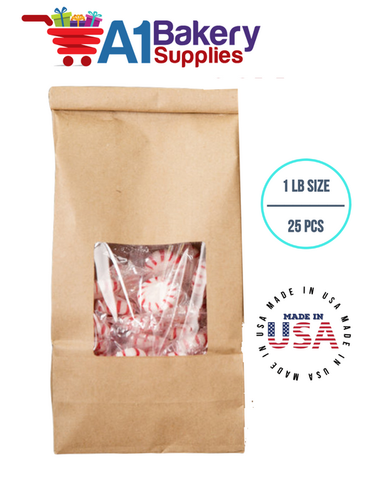 1 LB Size Brown Square Window Tin Tie Bags 25 PCS Kraft  Bakery Bags with Square Window Resealable Tin Tie Tab Lock Poly-Lined Bags Kraft Paper Bags for Cookies, Coffee