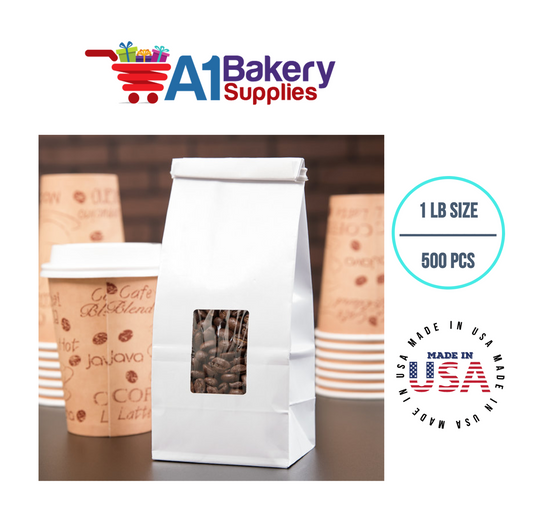 1 LB Size White Square Window Tin Tie Bags 500 PCS White  Bakery Bags with Square Window Resealable Tin Tie Tab Lock Poly-Lined Bags White Paper Bags for Cookies, Coffee