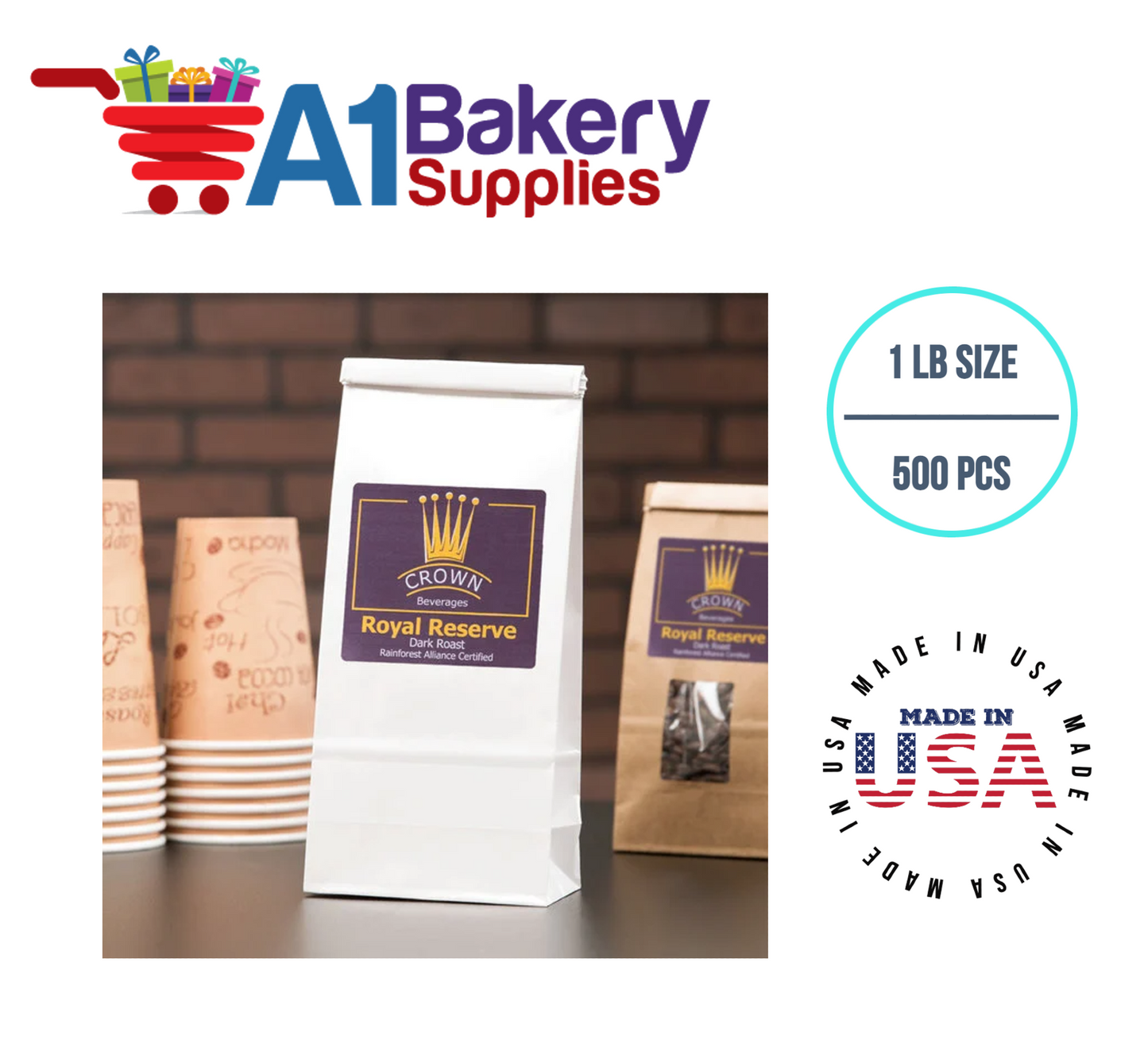 1 LB Size White No Window Tin Tie Bags 500 PCS  White  Bakery Bags with No Window Resealable Tin Tie Tab Lock Poly-Lined Bags White Paper Bags for Cookies, Coffee