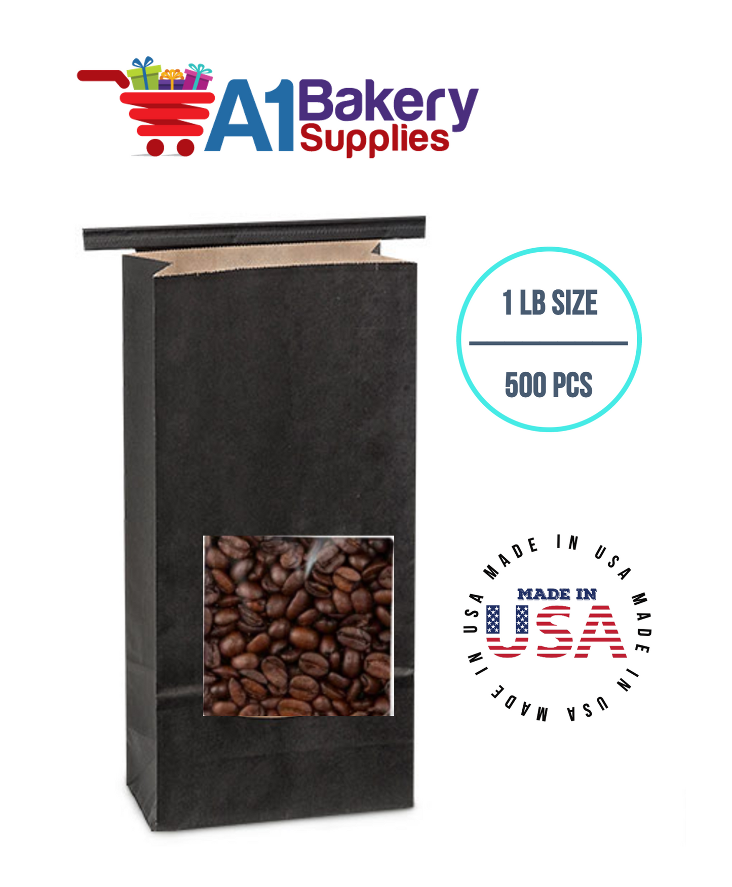 1 LB Black Square Window Tin Tie Bags 500 PCS  Black  Bakery Bags with Square Window Resealable Tin Tie Tab Lock Poly-Lined Bags Black Paper Bags for Cookies, Coffee