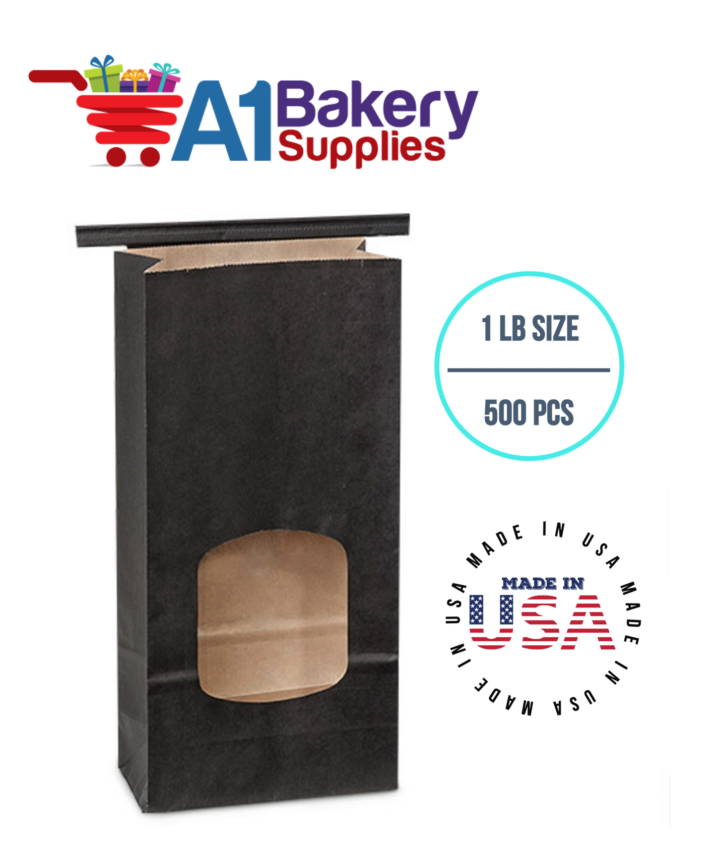 1 LB Black Square Window Tin Tie Bags 500 PCS  Black  Bakery Bags with Square Window Resealable Tin Tie Tab Lock Poly-Lined Bags Black Paper Bags for Cookies, Coffee