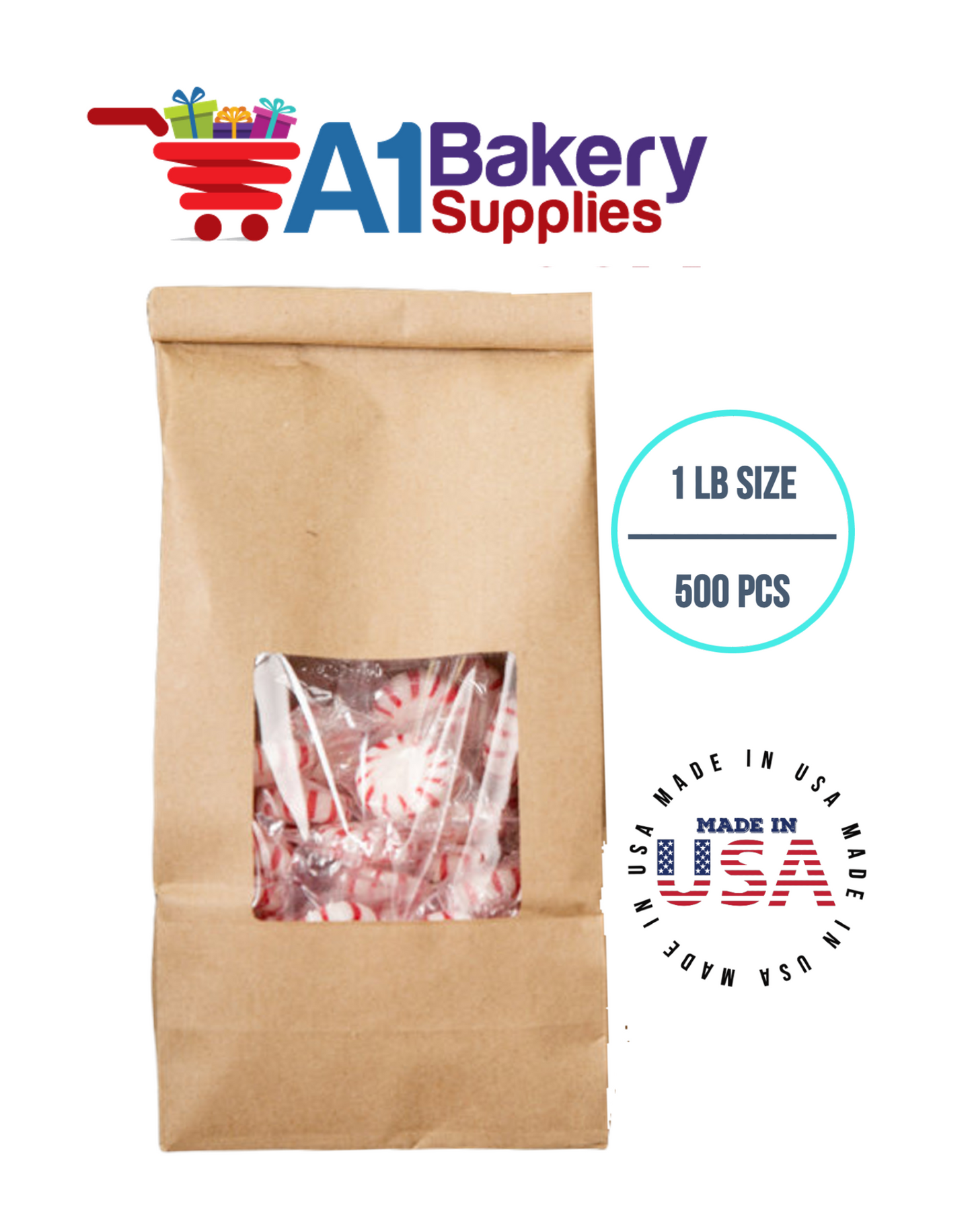 1 LB Size Brown Square Window Tin Tie Bags 500 PCS Kraft  Bakery Bags with Square Window Resealable Tin Tie Tab Lock Poly-Lined Bags Brown Paper Bags for Cookies, Coffee