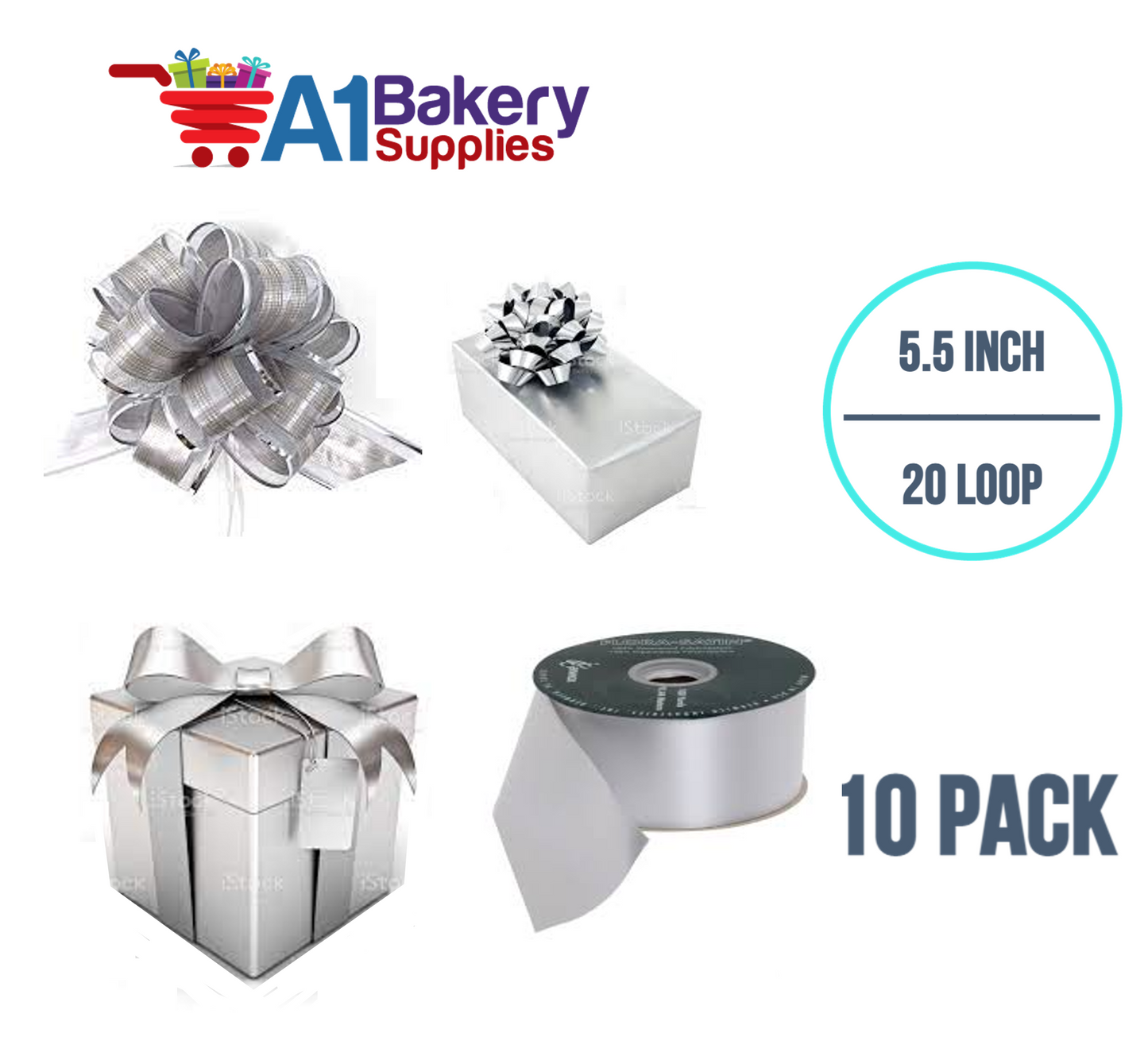 A1BakerySupplies 10 Pieces Pull Bow for Gift Wrapping Gift Bows Pull Bow With Ribbon for Wedding Gift Baskets, 5.5 Inch 20 Loop in Silver Color