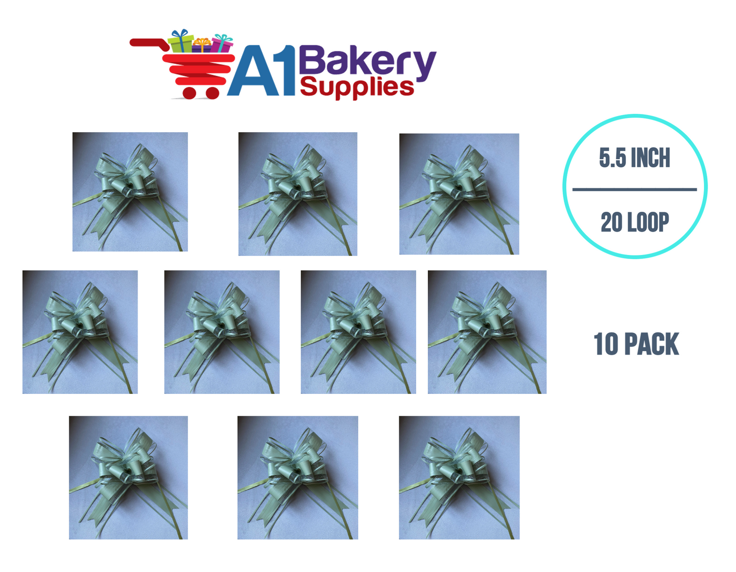 A1BakerySupplies 10 Pieces Pull Bow for Gift Wrapping Gift Bows Pull Bow With Ribbon for Wedding Gift Baskets, 5.5 Inch 20 Loop in Sage Color