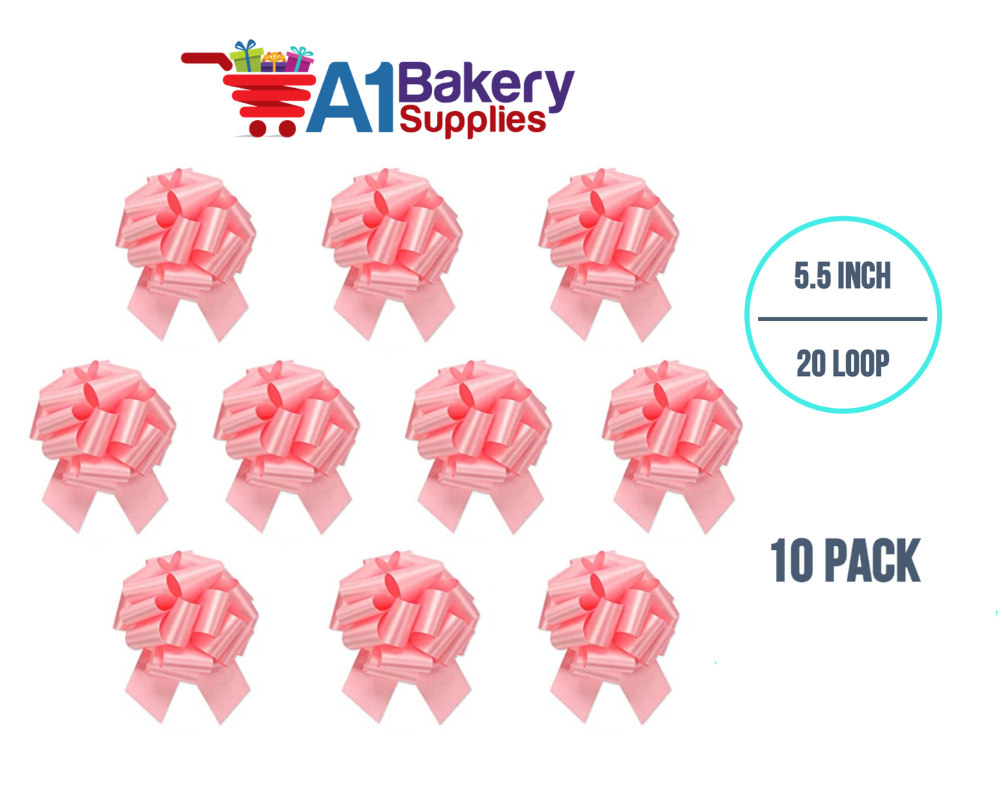 A1BakerySupplies 10 Pieces Pull Bow for Gift Wrapping Gift Bows Pull Bow With Ribbon for Wedding Gift Baskets, 5.5 Inch 20 Loop in Light Pink Color