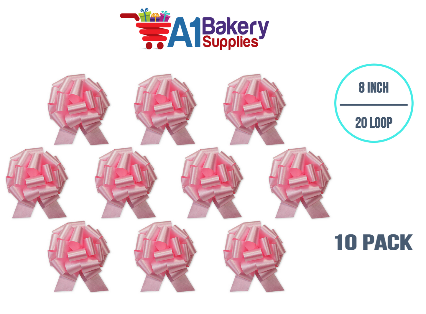 A1BakerySupplies 10 Pieces Pull Bow for Gift Wrapping Gift Bows Pull Bow With Ribbon for Wedding Gift Baskets, 8 Inch 20 Loop in Pink Flora Satin Color