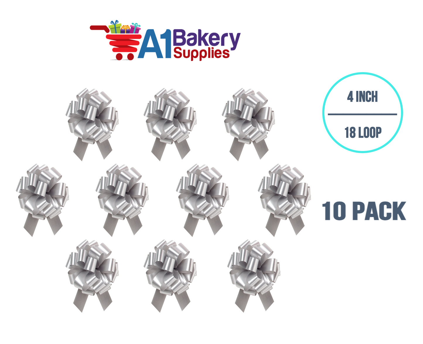 A1BakerySupplies 10 Pieces Pull Bow for Gift Wrapping Gift Bows Pull Bow With Ribbon for Wedding Gift Baskets, 4 Inch 18 Loop Silver Flora Satin Color