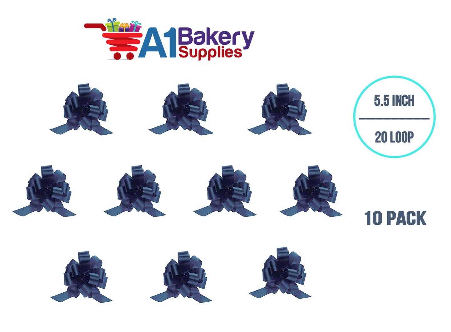 A1BakerySupplies 10 Pieces Pull Bow for Gift Wrapping Gift Bows Pull Bow With Ribbon for Wedding Gift Baskets, 5.5 Inch 20 Loop in Navy Blue Color