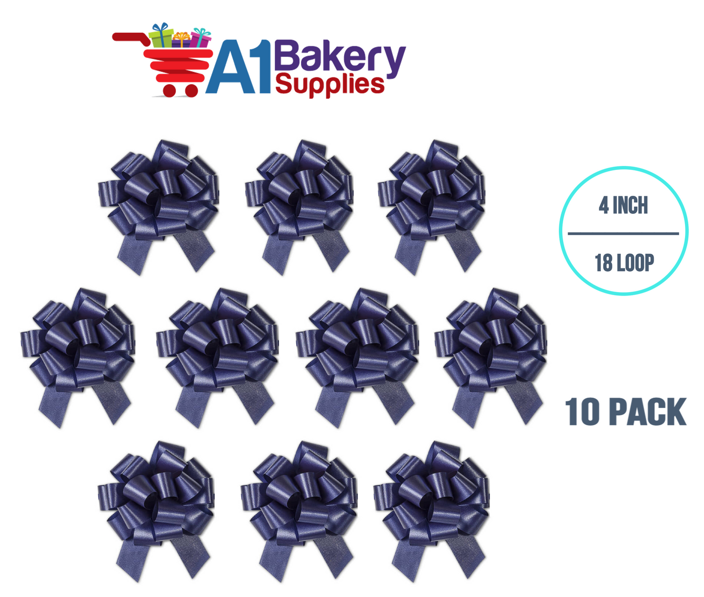 A1BakerySupplies 10 Pieces Pull Bow for Gift Wrapping Gift Bows Pull Bow With Ribbon for Wedding Gift Baskets, 4 Inch 18 Loop Navy Blue Flora Satin Color