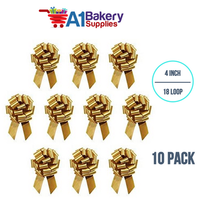 A1BakerySupplies 10 Pieces Pull Bow for Gift Wrapping Gift Bows Pull Bow With Ribbon for Wedding Gift Baskets, 4 Inch 18 Loop in Antique Gold Flora Satin Color