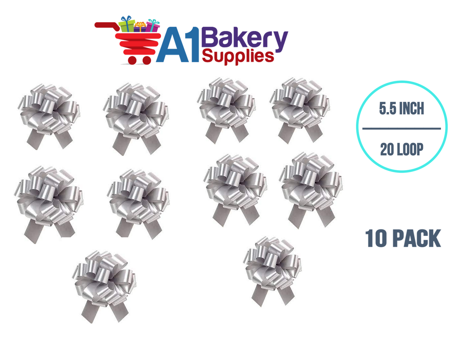 A1BakerySupplies 10 Pieces Pull Bow for Gift Wrapping Gift Bows Pull Bow With Ribbon for Wedding Gift Baskets, 5.5 Inch 20 Loop in Silver Color