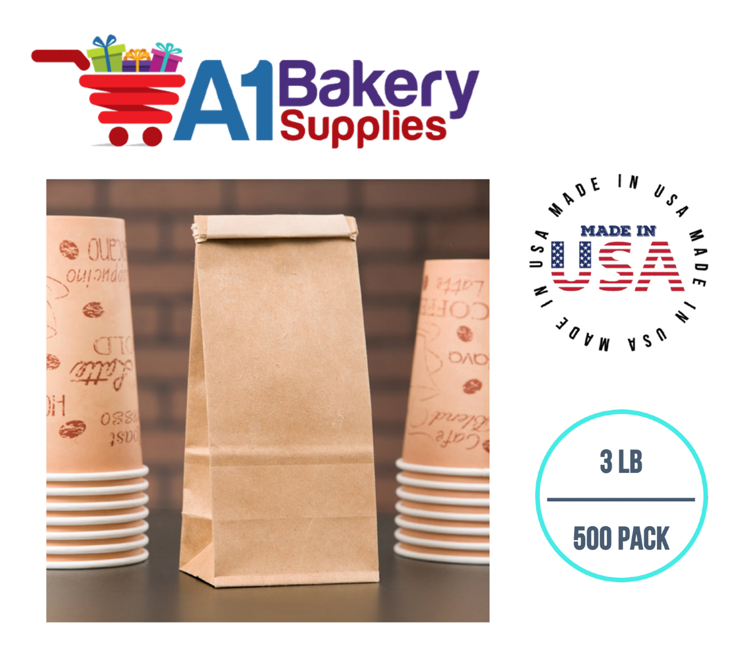 3 LB Size Brown No Window Tin Tie Bags 500 PCS  Kraft  Bakery Bags with No Window Resealable Tin Tie Tab Lock Poly-Lined Bags Kraft Paper Bags for Cookies, Coffee