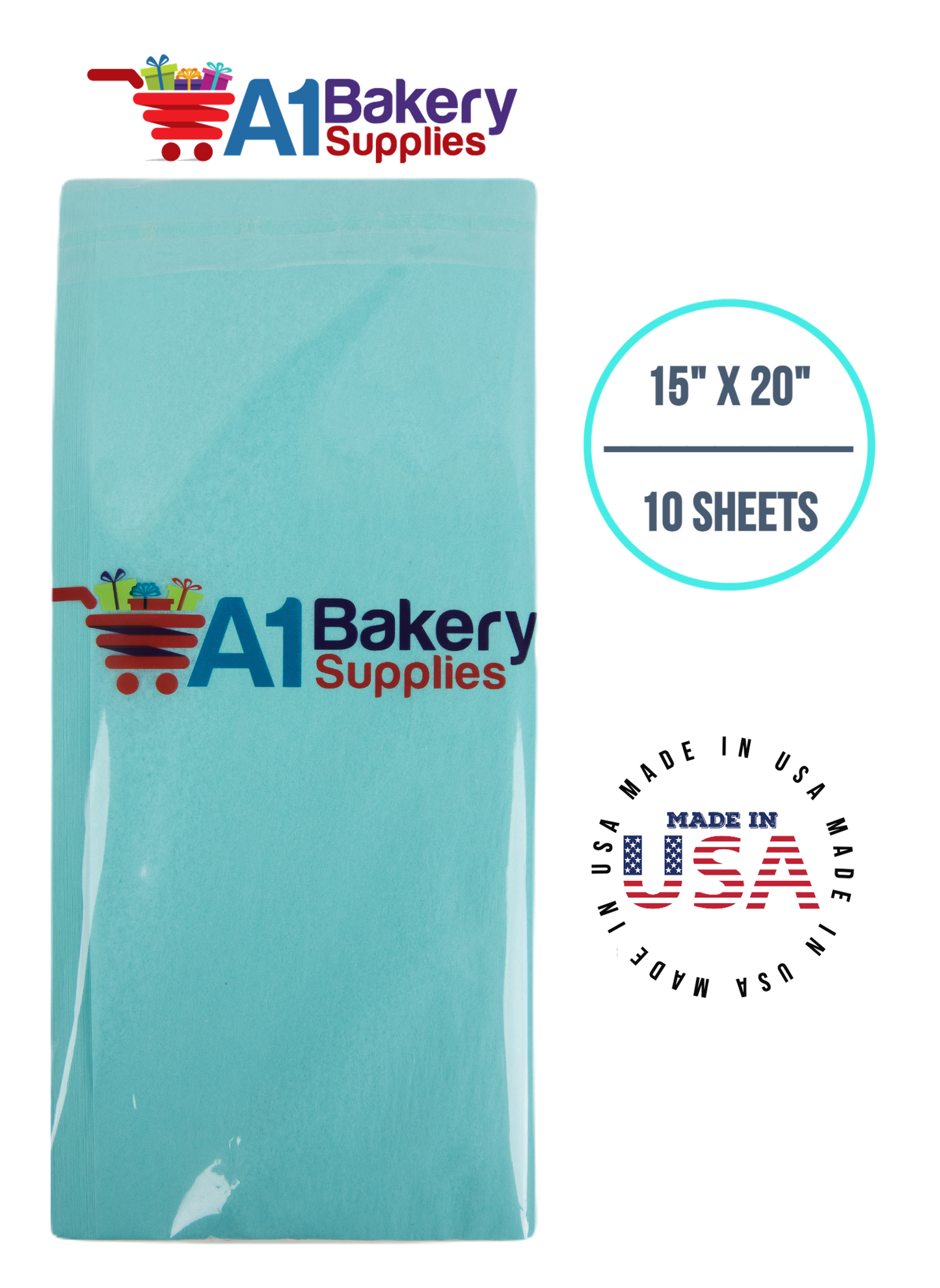 Aqua Blue Tissue Paper Squares, Bulk 10 Sheets, Premium Gift Wrap and Art Supplies for Birthdays, Holidays, or Presents by A1BakerySupplies, Small 15 Inch x 20 Inch
