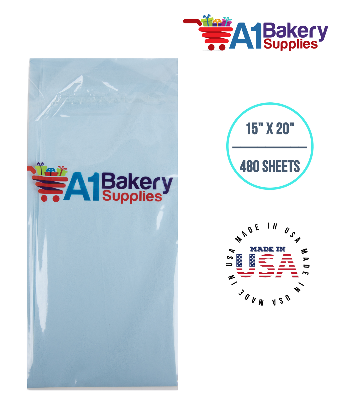 Light Blue Tissue Paper Squares, Bulk 480 Sheets, Premium Gift Wrap and Art Supplies for Birthdays, Holidays, or Presents by A1BakerySupplies, Large 15 Inch x 20 Inch