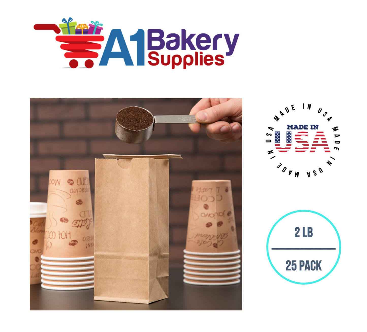 2LB Size Brown No Window Tin Tie Bags 25 PCS  Kraft  Bakery Bags with No Window Resealable Tin Tie Tab Lock Poly-Lined Bags Kraft Paper Bags for Cookies, Coffee