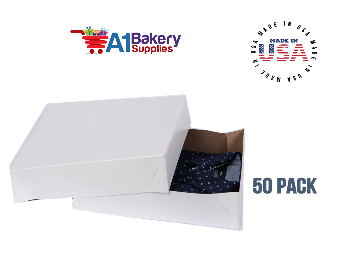 White Apparel Box for Men Shirts Gift Wrap Packaging Boxes, 15 x 9 1/2 x 2" - 50 Pack, Large